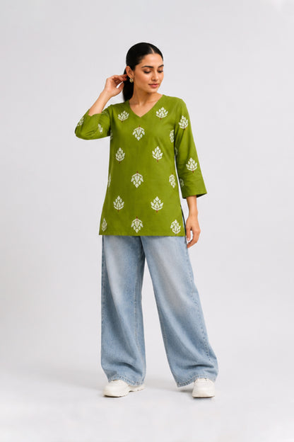 Mehndi Olive Green Cotton Lotus Printed Top