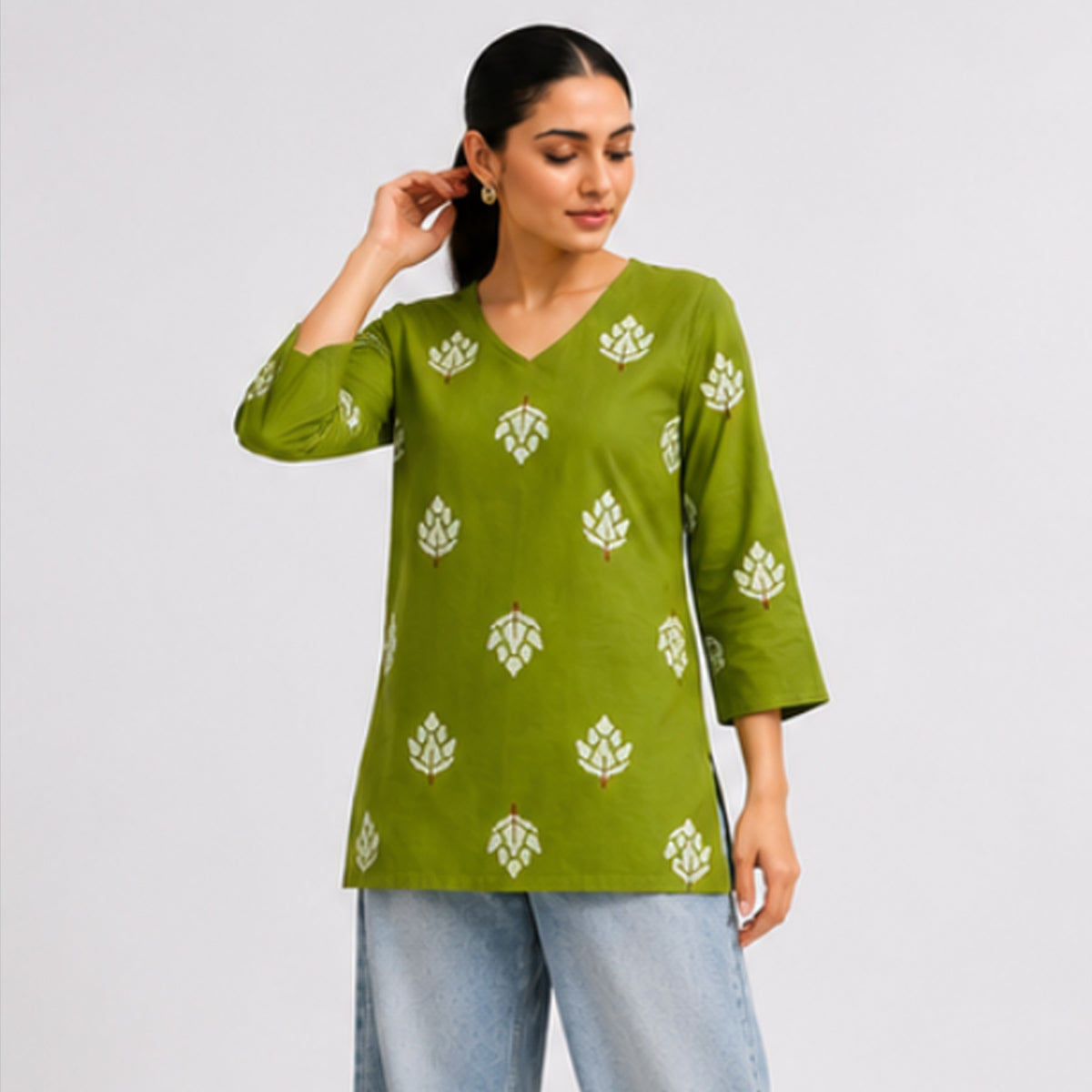 Mehndi Olive Green Cotton Lotus Printed Top