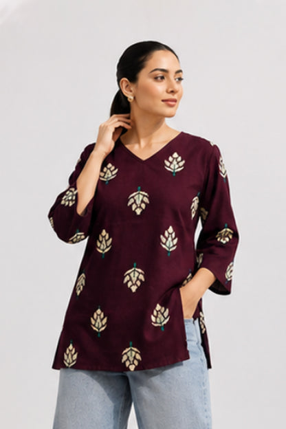 Angoori Wine Cotton Lotus Printed Top