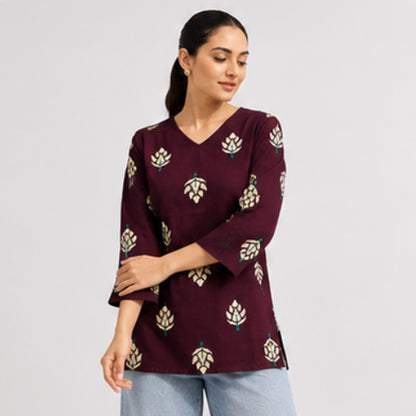 Angoori Wine Cotton Lotus Printed Top
