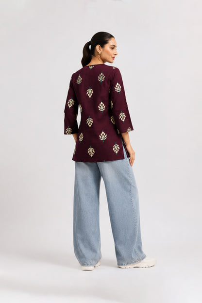 Angoori Wine Cotton Lotus Printed Top