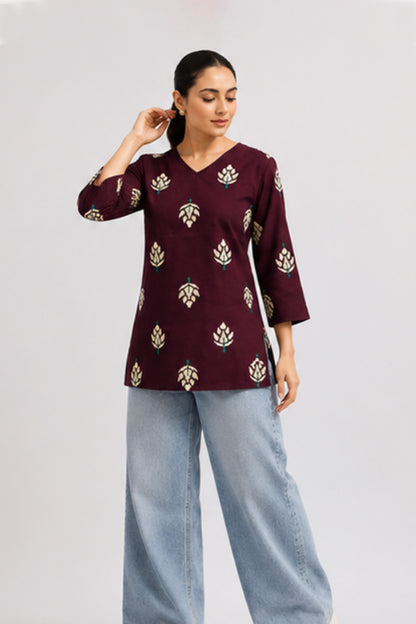 Angoori Wine Cotton Lotus Printed Top
