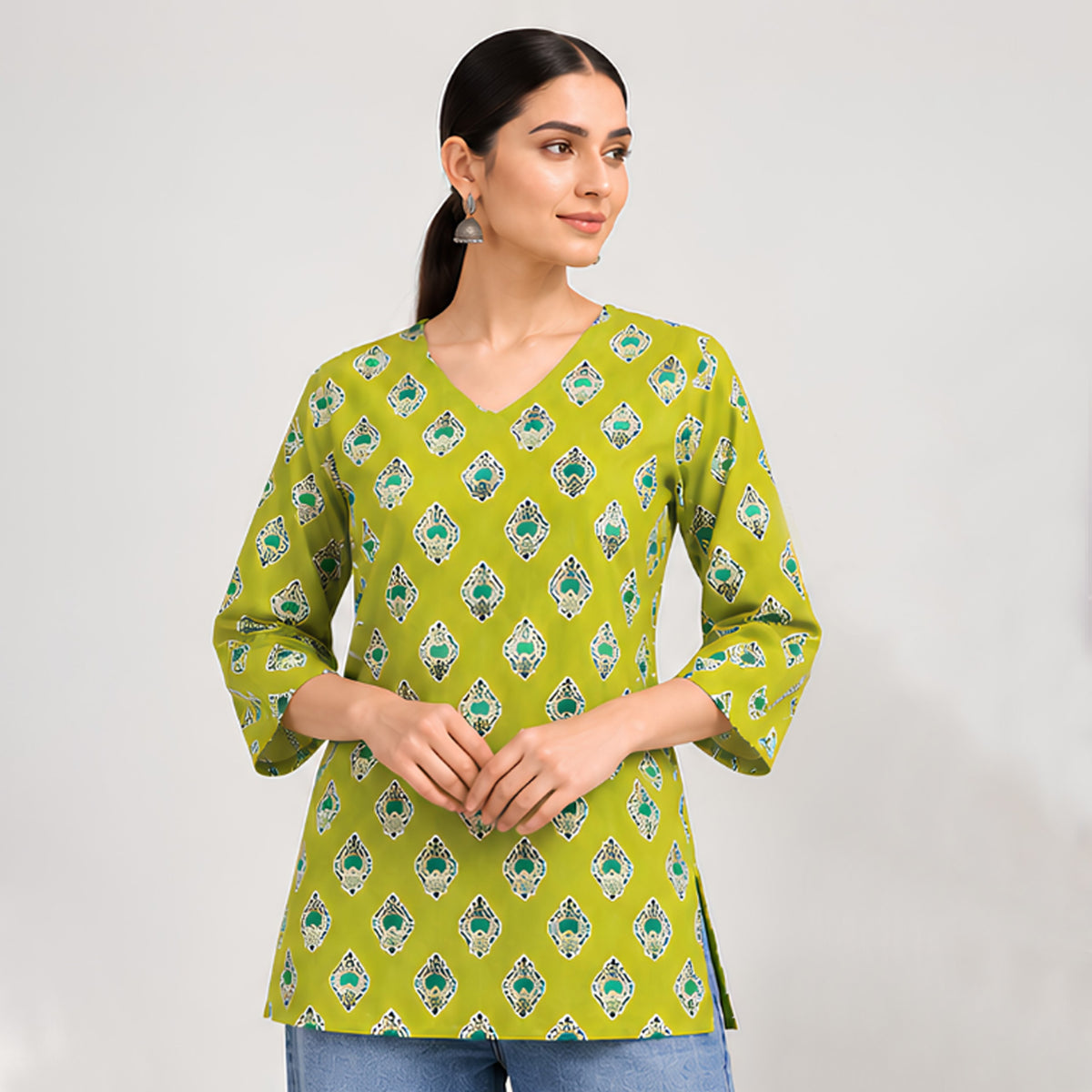 Pistachi Lime Green Cotton Printed Top