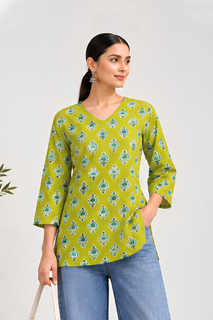Pistachi Lime Green Cotton Printed Top