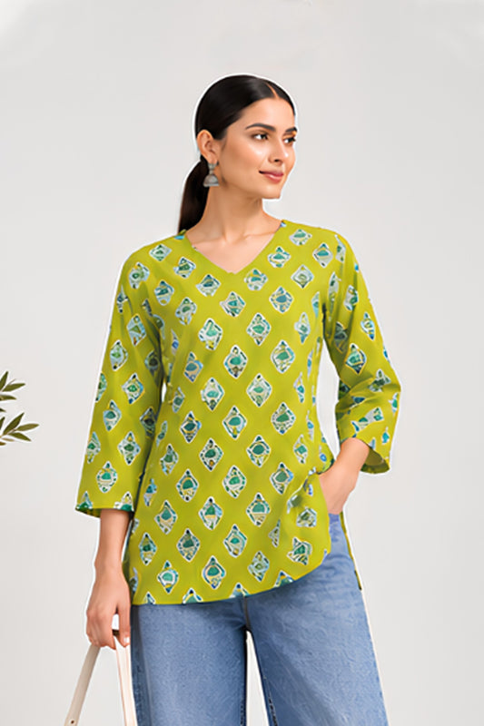 Pistachi Lime Green Cotton Printed Top