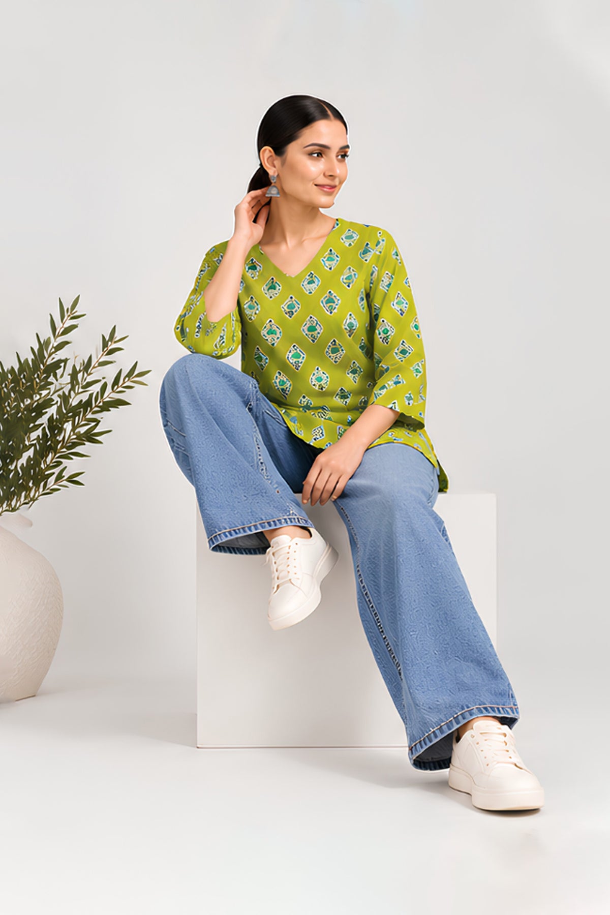 Pistachi Lime Green Cotton Printed Top