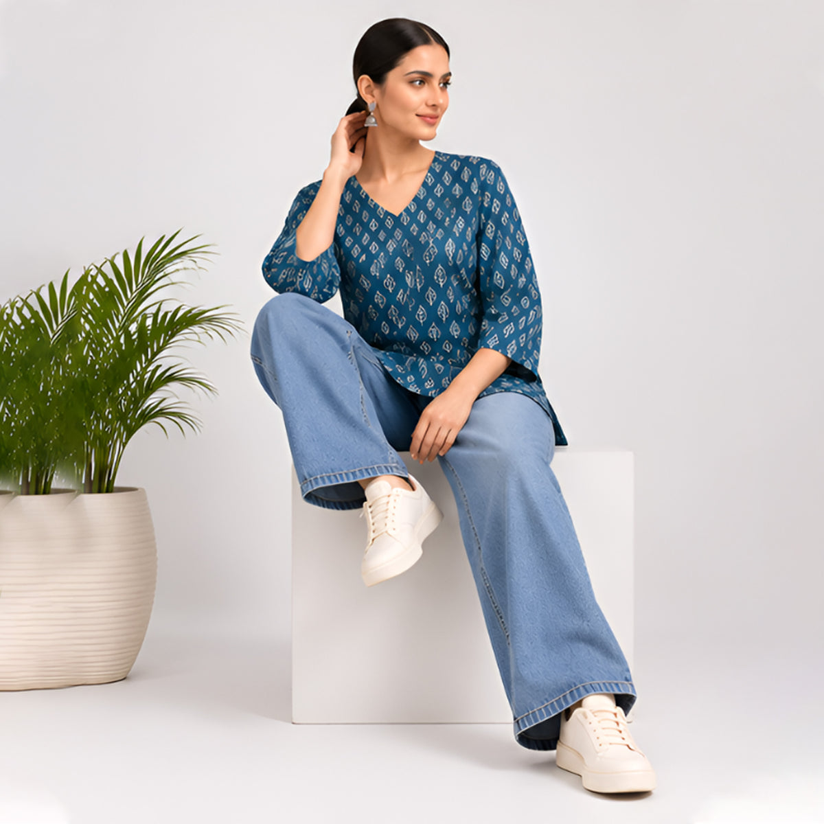 Samundar Teal Blue Cotton Printed Top