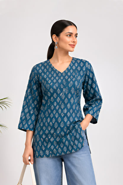 Samundar Teal Blue Cotton Printed Top