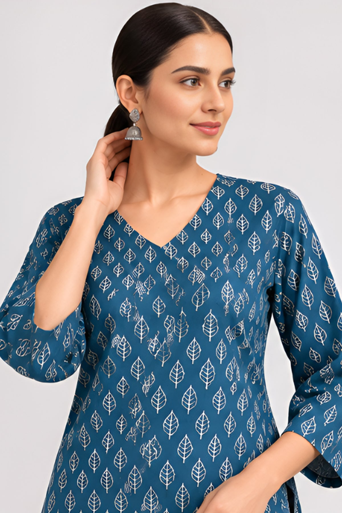 Samundar Teal Blue Cotton Printed Top