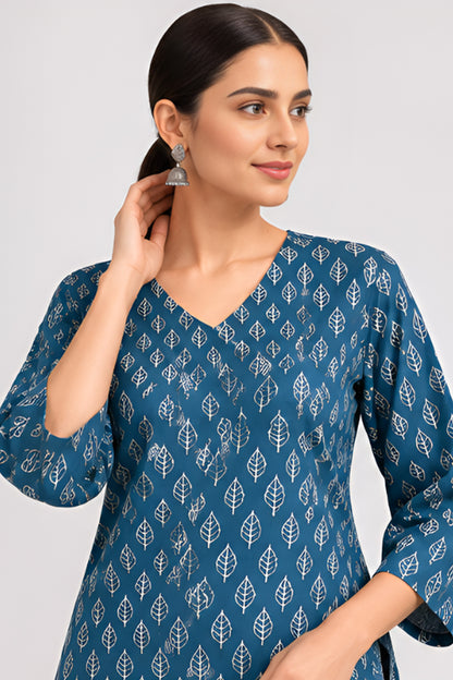 Samundar Teal Blue Cotton Printed Top