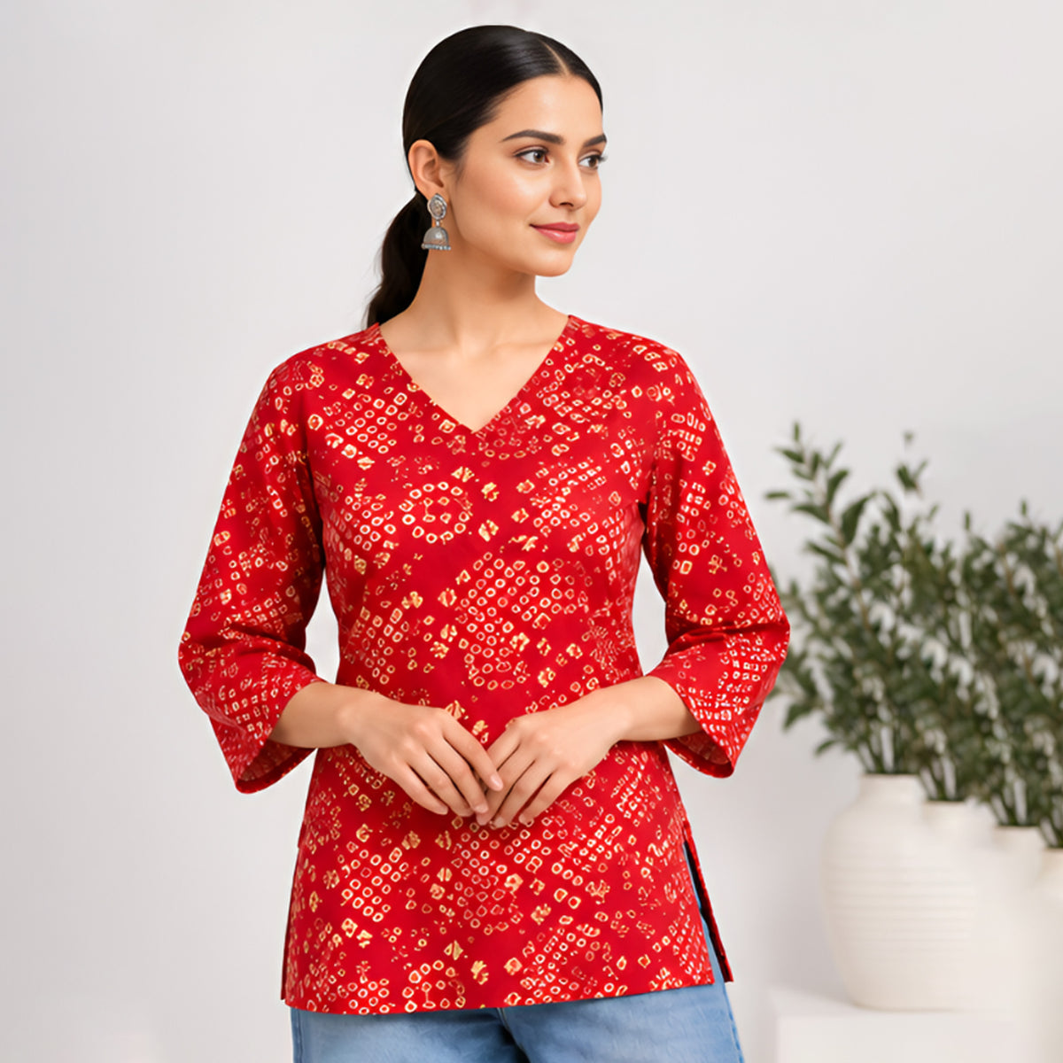 Bandhani Bahaar Red Cotton Printed Top
