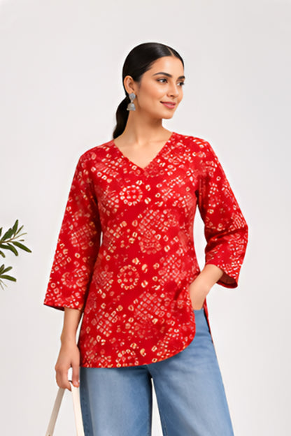 Bandhani Bahaar Red Cotton Printed Top