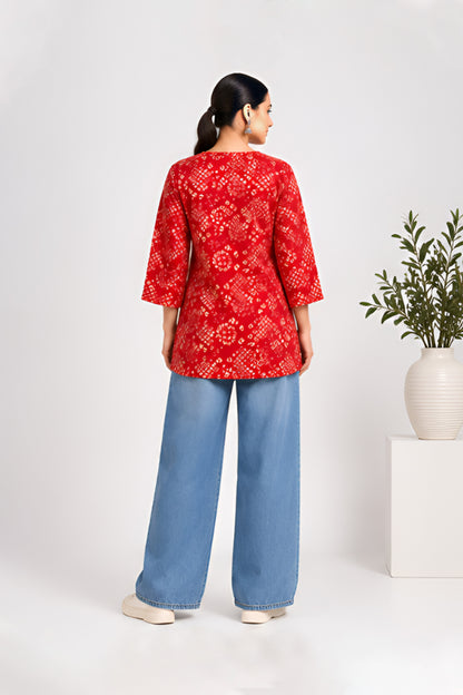 Bandhani Bahaar Red Cotton Printed Top