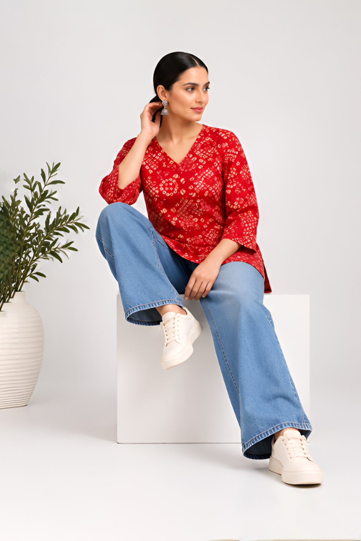 Bandhani Bahaar Red Cotton Printed Top