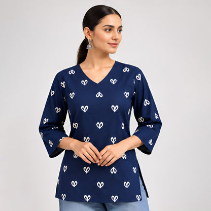 Dilruba Navy Blue Cotton Heart Printed Top