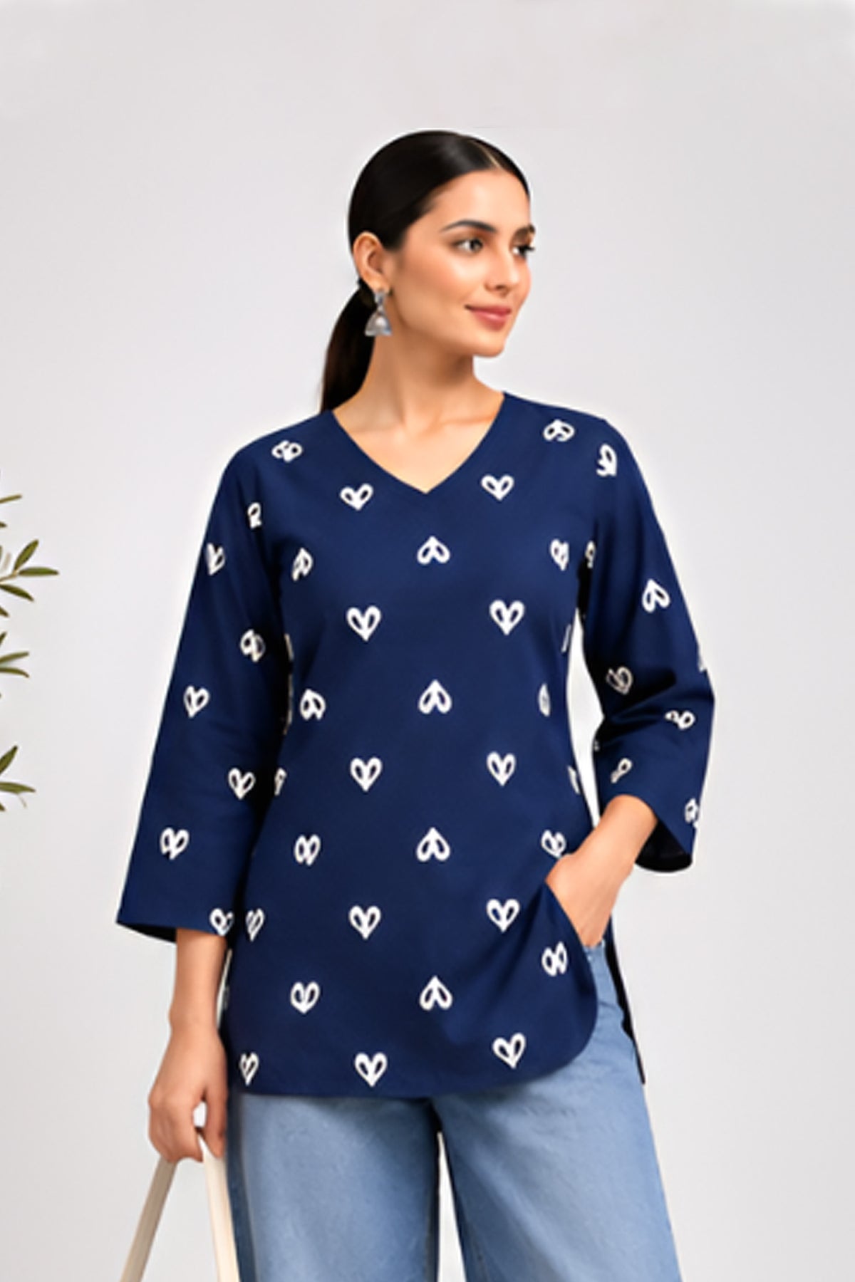 Dilruba Navy Blue Cotton Heart Printed Top