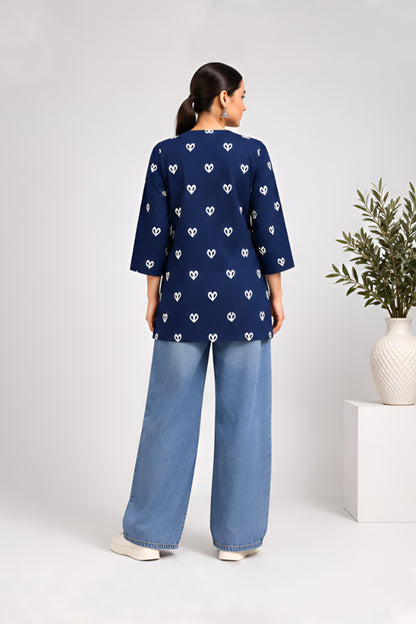 Dilruba Navy Blue Cotton Heart Printed Top