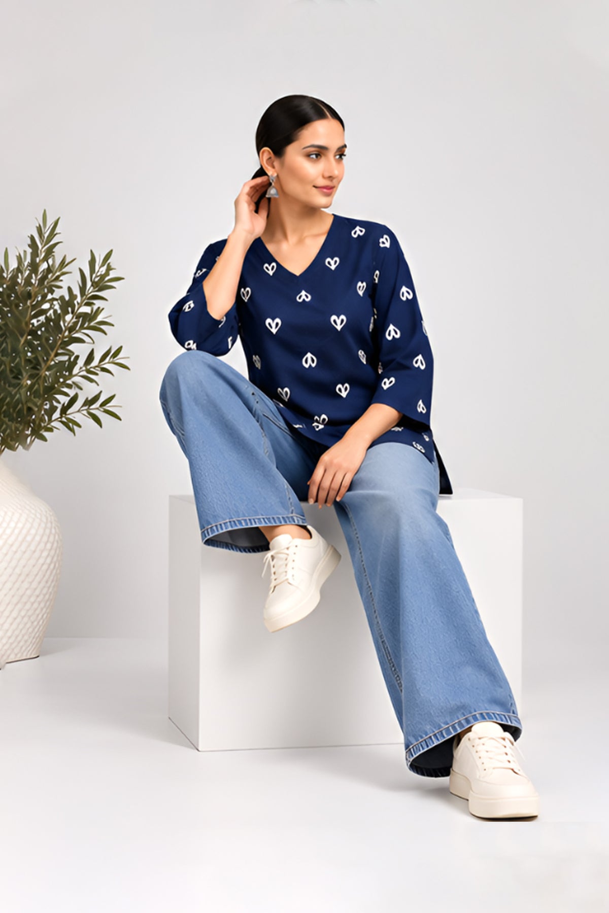 Dilruba Navy Blue Cotton Heart Printed Top
