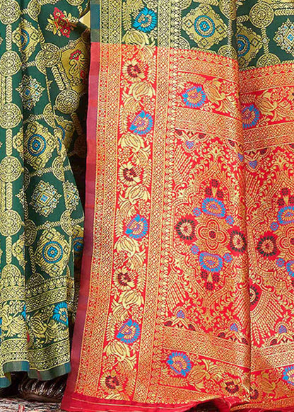 Elegant Bottle Green Banarasi Silk Saree with Rich Red Zari Pallu