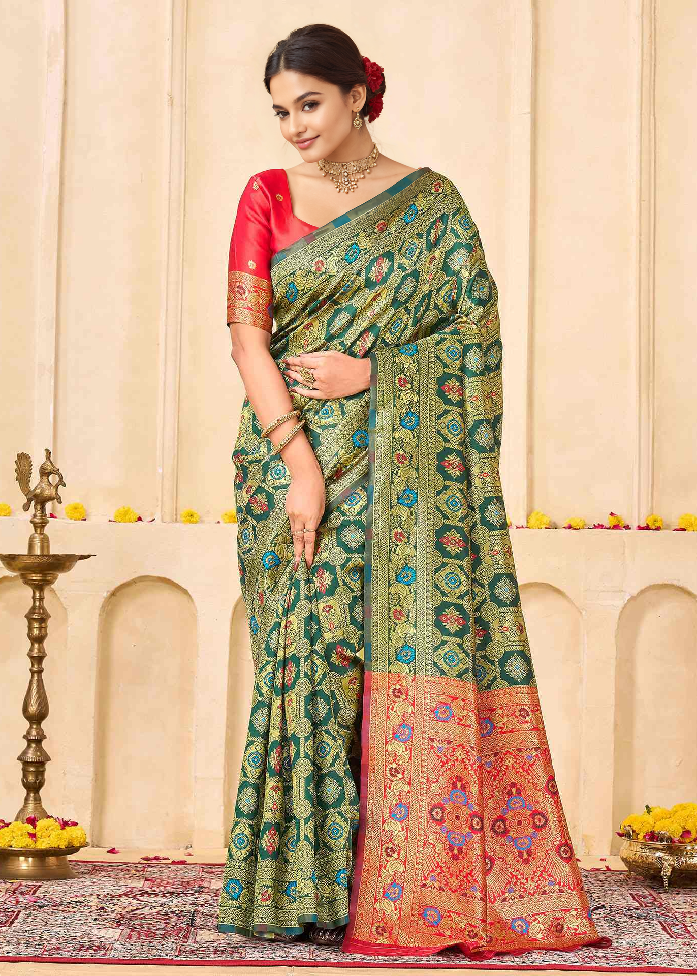 Elegant Bottle Green Banarasi Silk Saree with Rich Red Zari Pallu
