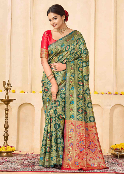 Elegant Bottle Green Banarasi Silk Saree with Rich Red Zari Pallu