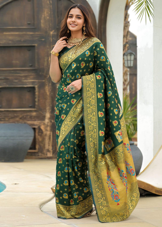 Royal Green Banarasi Silk Saree with Gold Zari Motifs