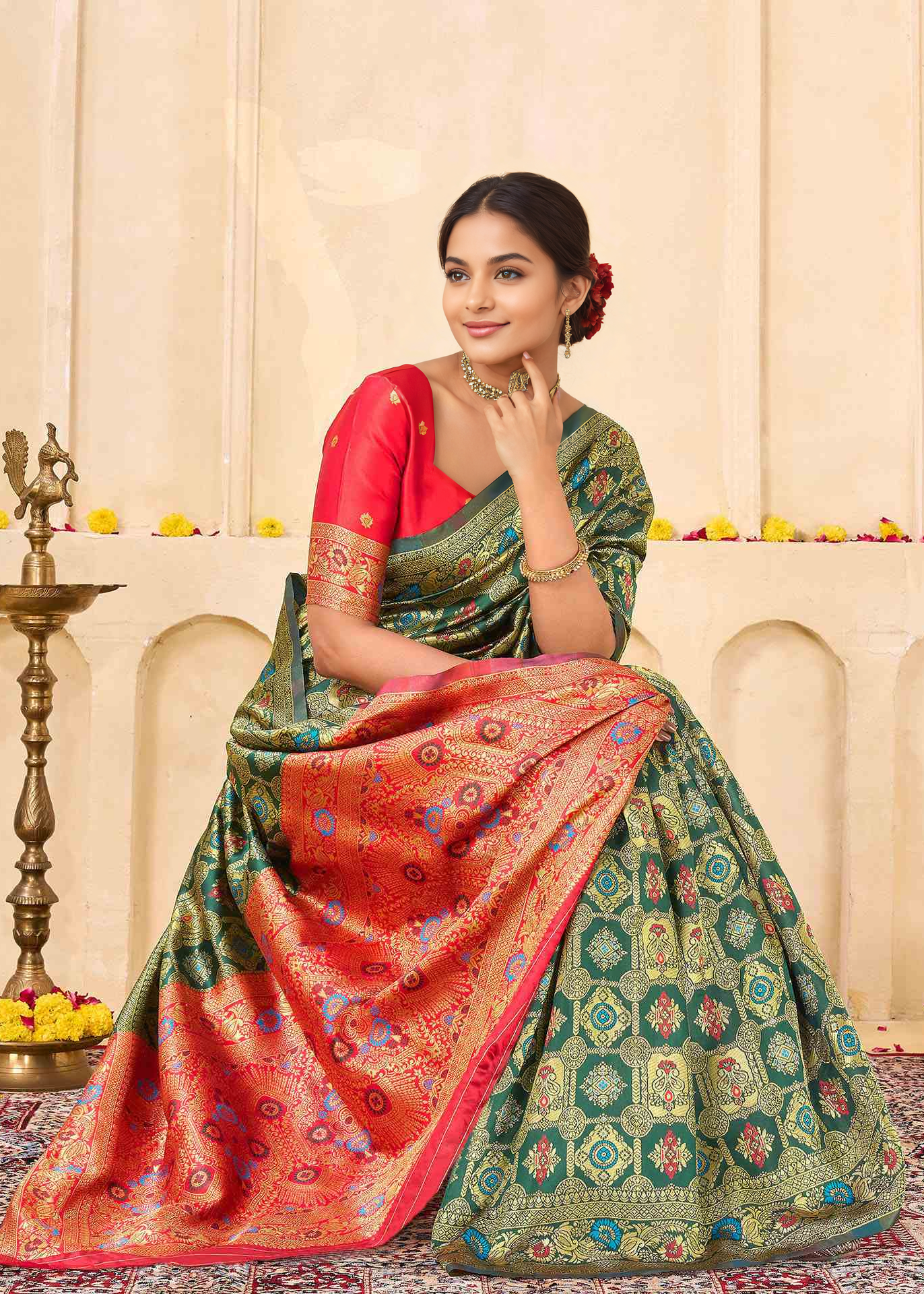 Elegant Bottle Green Banarasi Silk Saree with Rich Red Zari Pallu