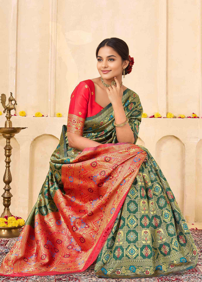 Elegant Bottle Green Banarasi Silk Saree with Rich Red Zari Pallu