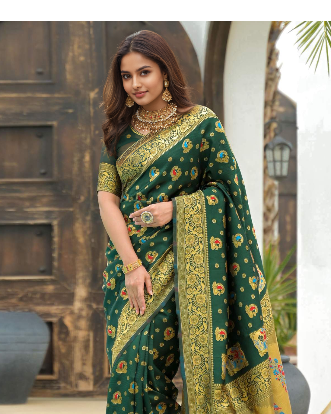 Royal Green Banarasi Silk Saree with Gold Zari Motifs