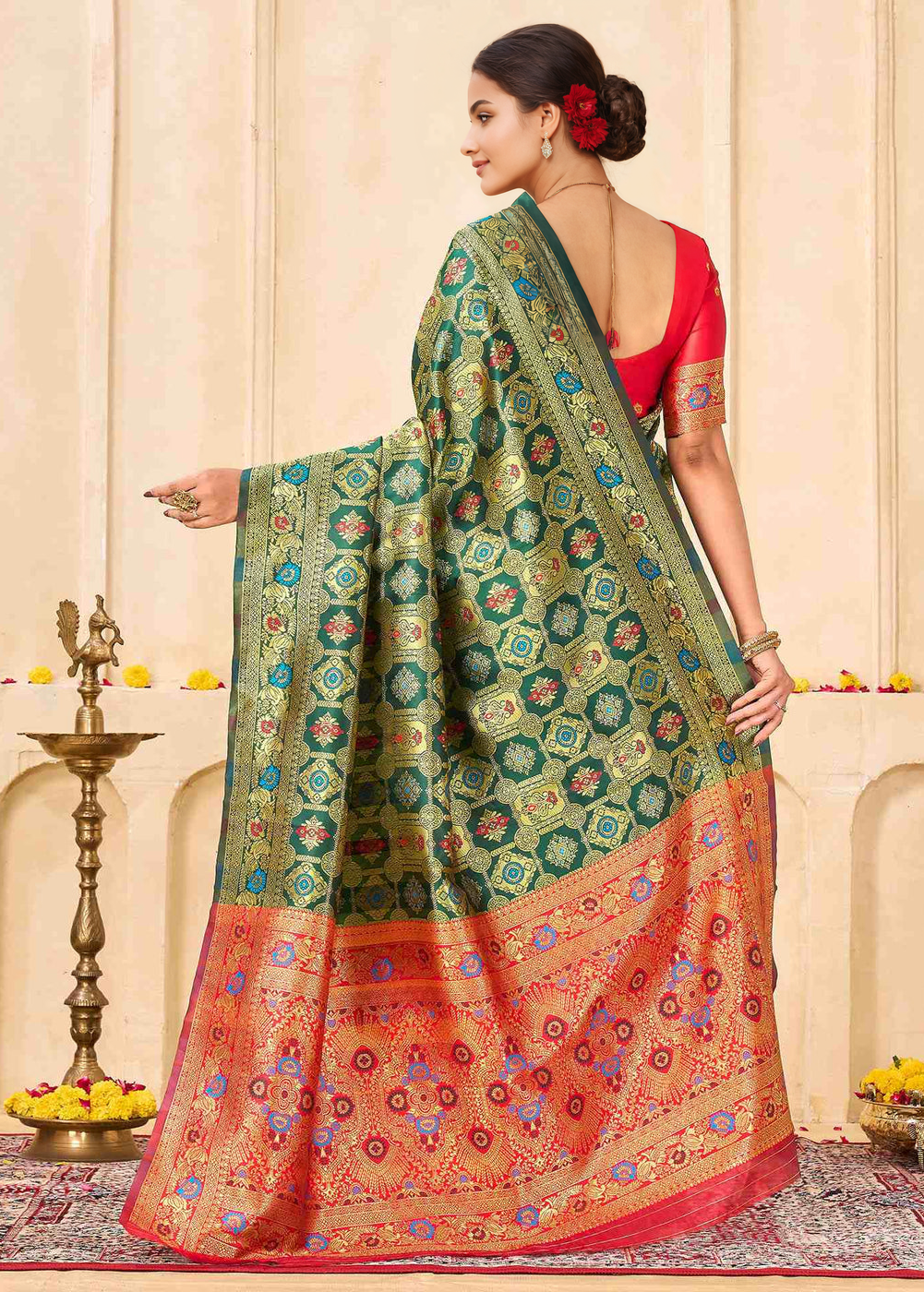 Elegant Bottle Green Banarasi Silk Saree with Rich Red Zari Pallu