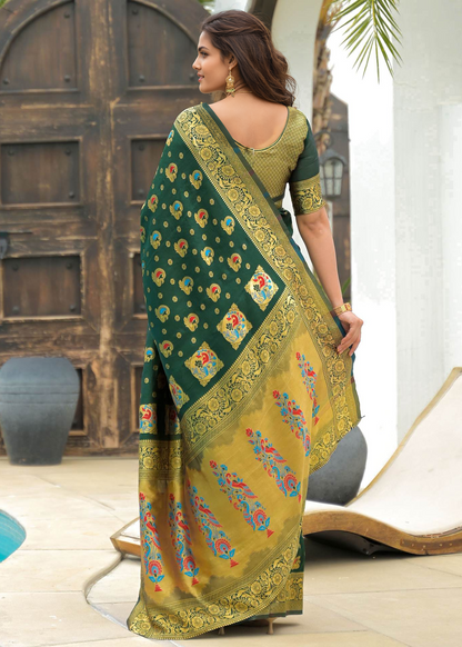 Royal Green Banarasi Silk Saree with Gold Zari Motifs