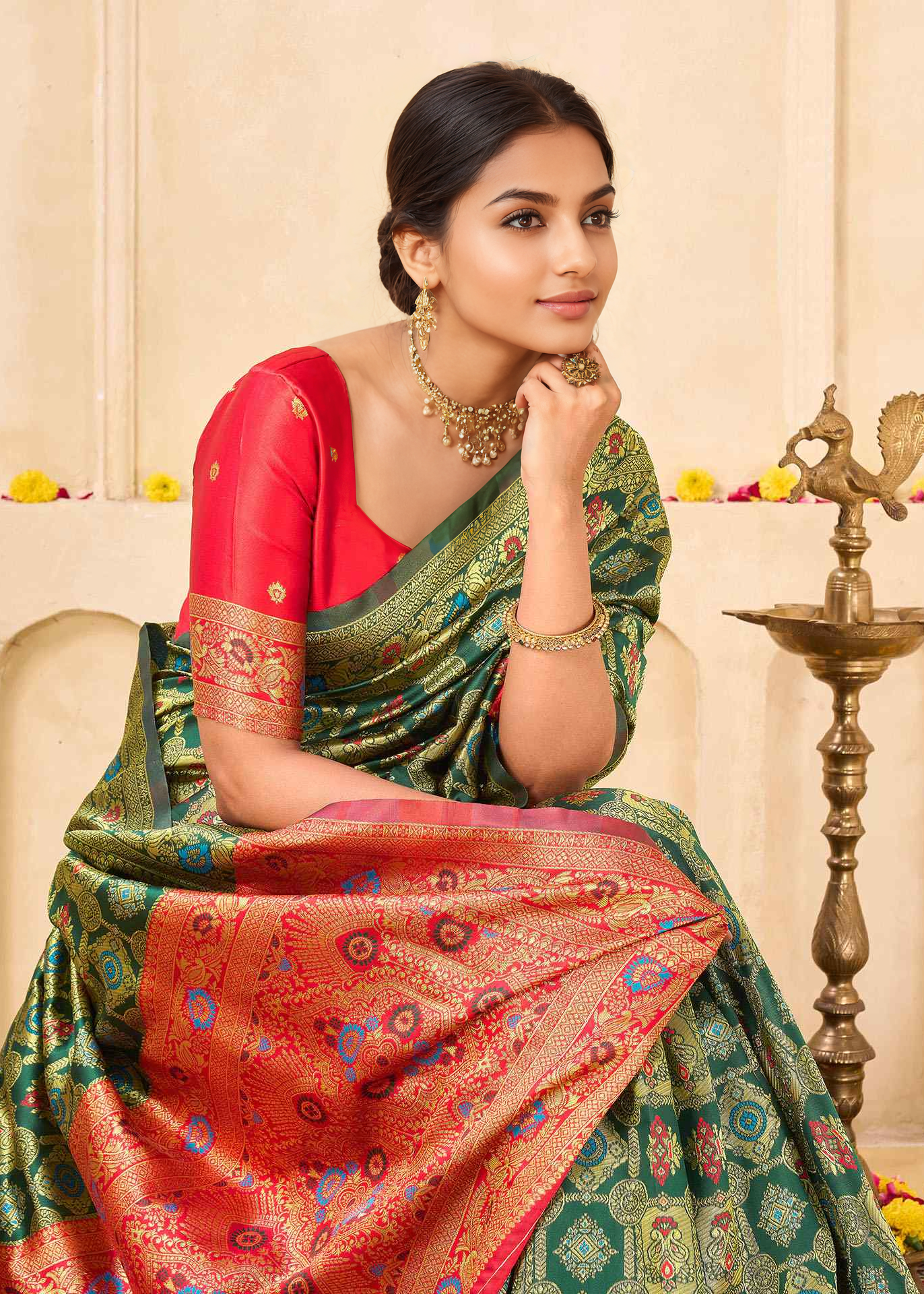 Elegant Bottle Green Banarasi Silk Saree with Rich Red Zari Pallu