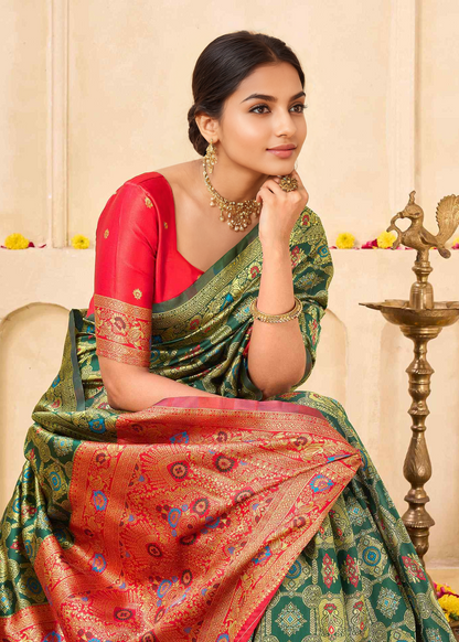 Elegant Bottle Green Banarasi Silk Saree with Rich Red Zari Pallu