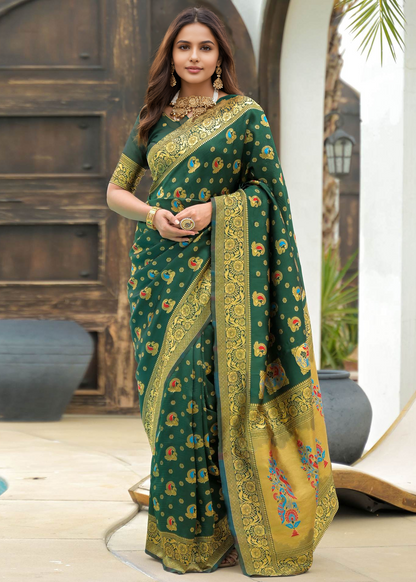 Royal Green Banarasi Silk Saree with Gold Zari Motifs
