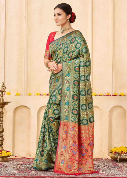 Elegant Bottle Green Banarasi Silk Saree with Rich Red Zari Pallu