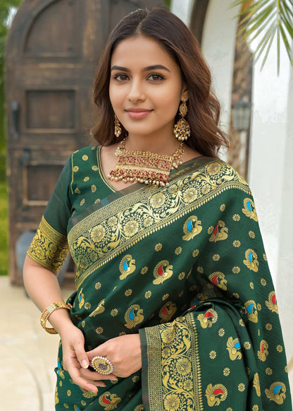 Royal Green Banarasi Silk Saree with Gold Zari Motifs
