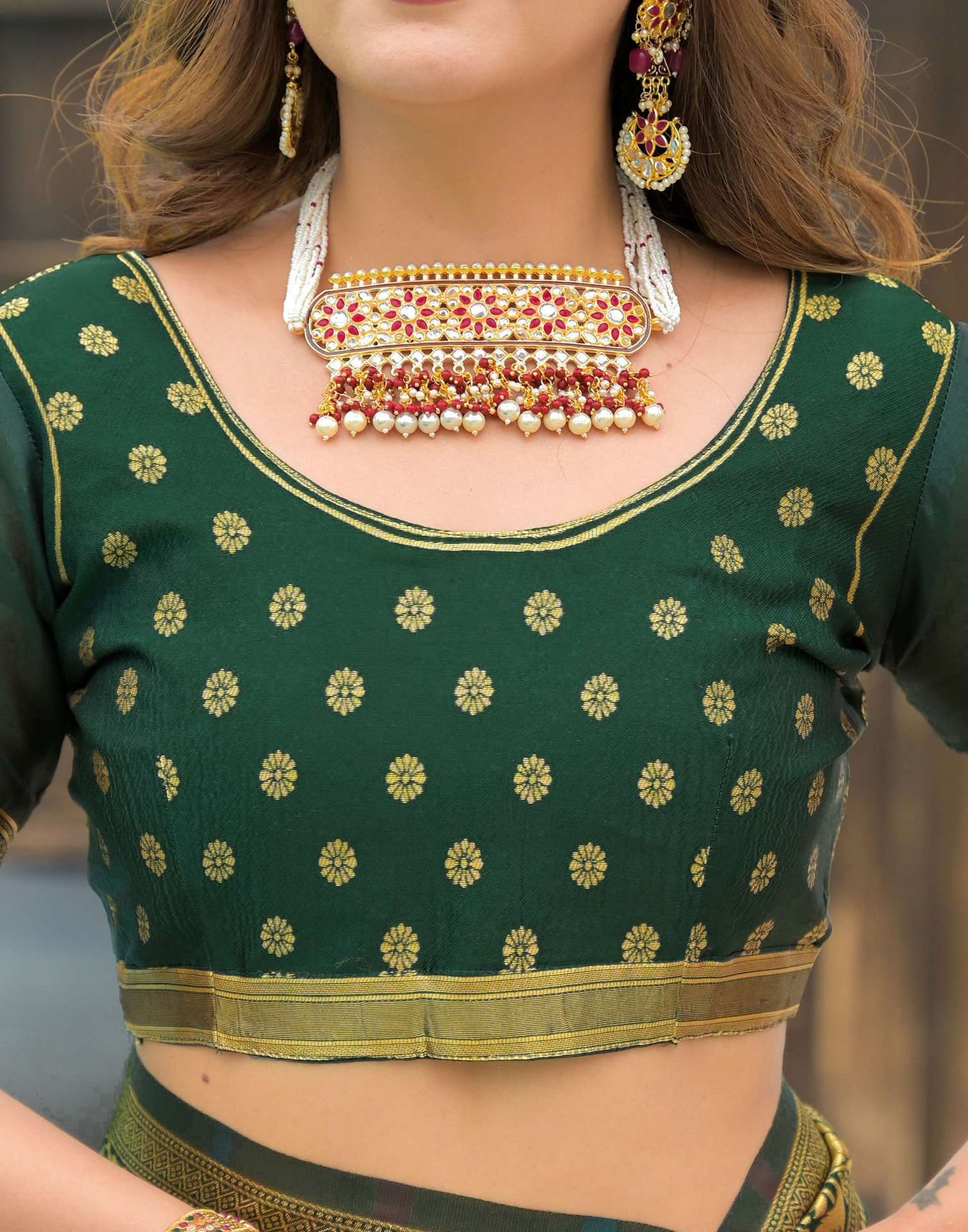 Royal Green Banarasi Silk Saree with Gold Zari Motifs