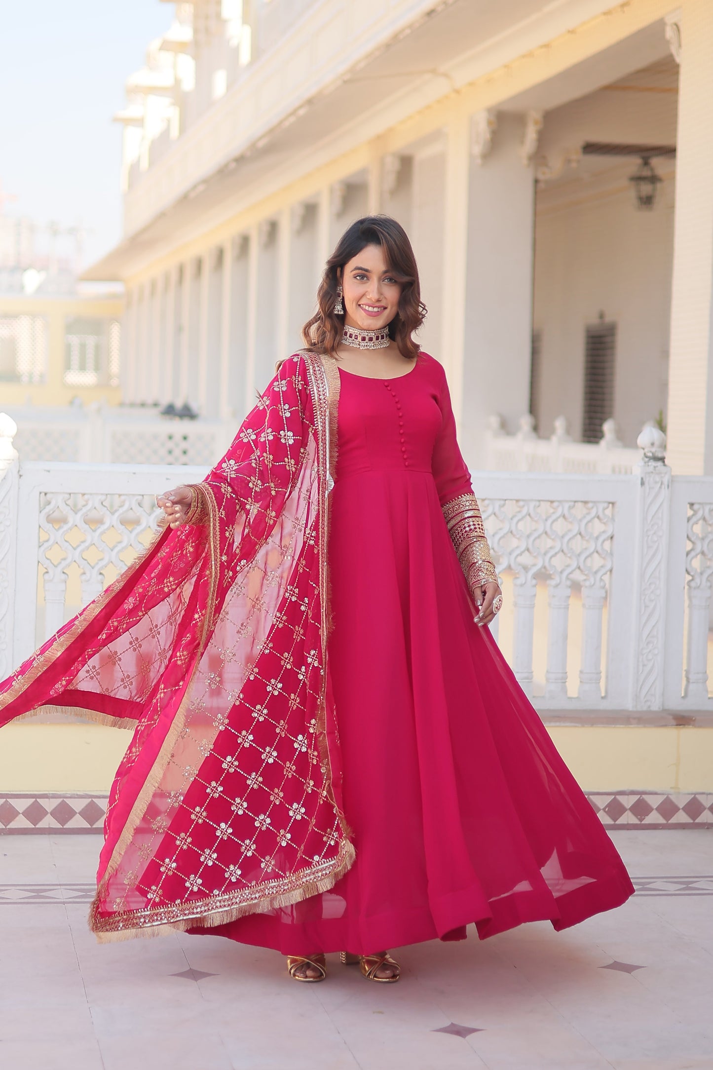 PINK FAUX BLOOMING WITH SEQUINS EMBROIDERED MULTI-SEQUINS WORK GOWN