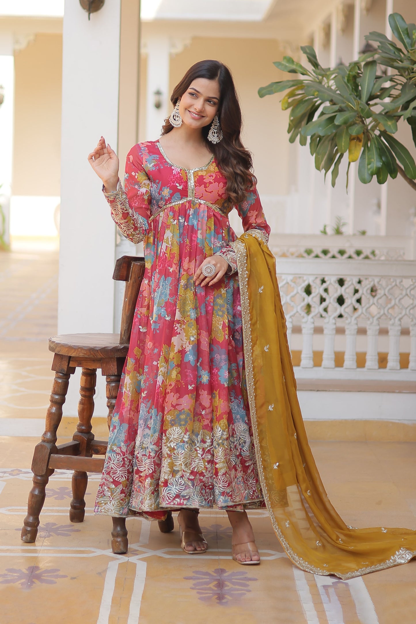 LIGHT PINK DIGITAL PRINTED RUSSIAN SILK WITH  EMBROIDERY ZARI SEQUINS-WORK GOWN