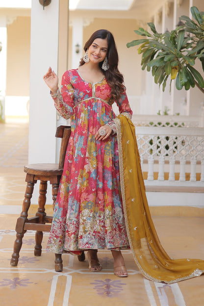 LIGHT PINK DIGITAL PRINTED RUSSIAN SILK WITH  EMBROIDERY ZARI SEQUINS-WORK GOWN