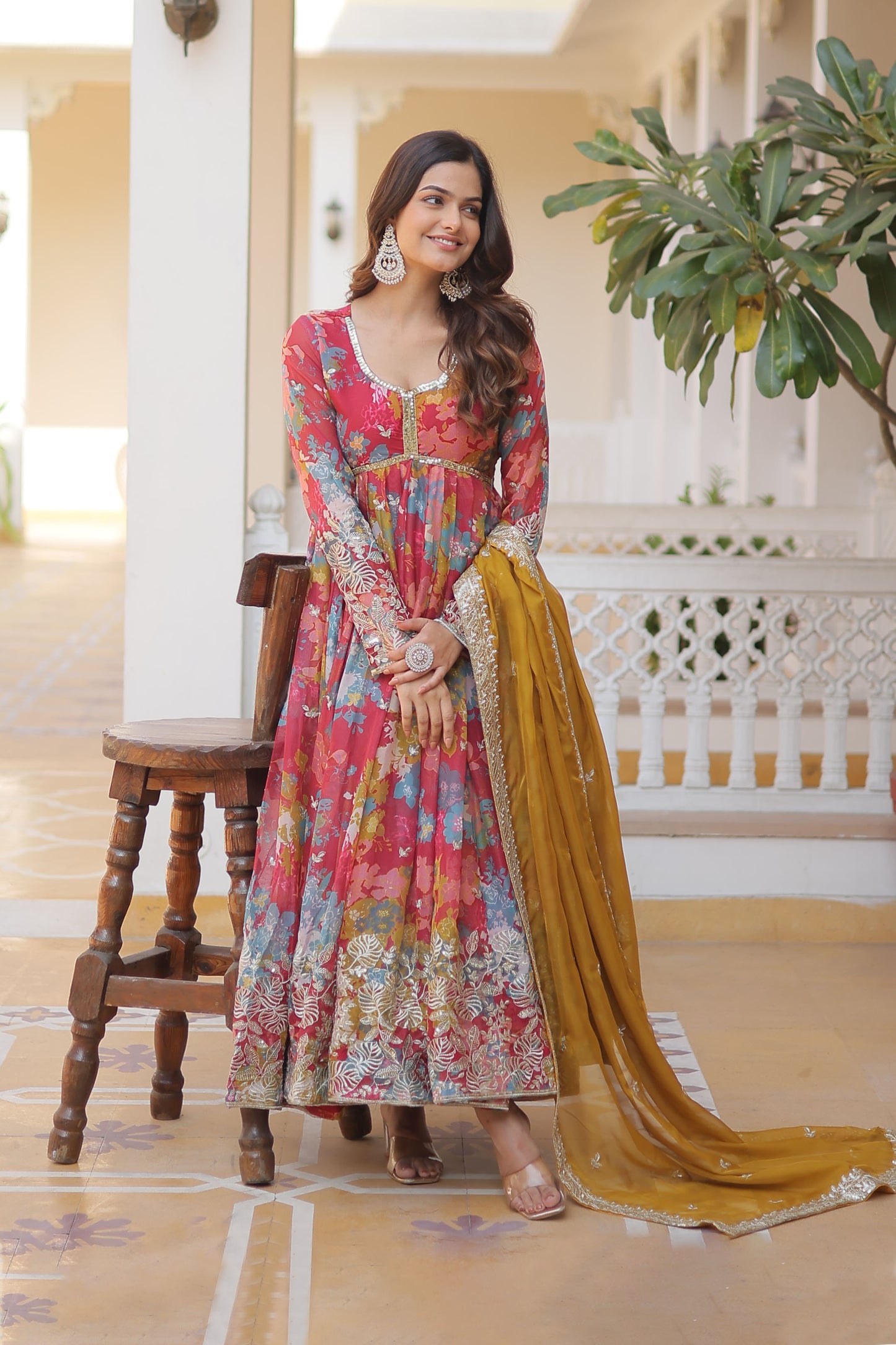 LIGHT PINK DIGITAL PRINTED RUSSIAN SILK WITH  EMBROIDERY ZARI SEQUINS-WORK GOWN