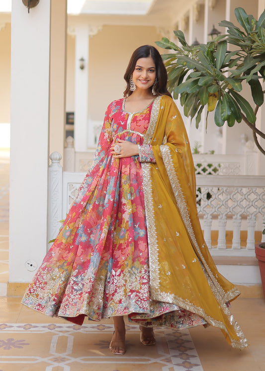 LIGHT PINK DIGITAL PRINTED RUSSIAN SILK WITH  EMBROIDERY ZARI SEQUINS-WORK GOWN