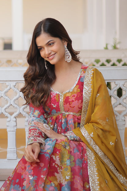 LIGHT PINK DIGITAL PRINTED RUSSIAN SILK WITH  EMBROIDERY ZARI SEQUINS-WORK GOWN