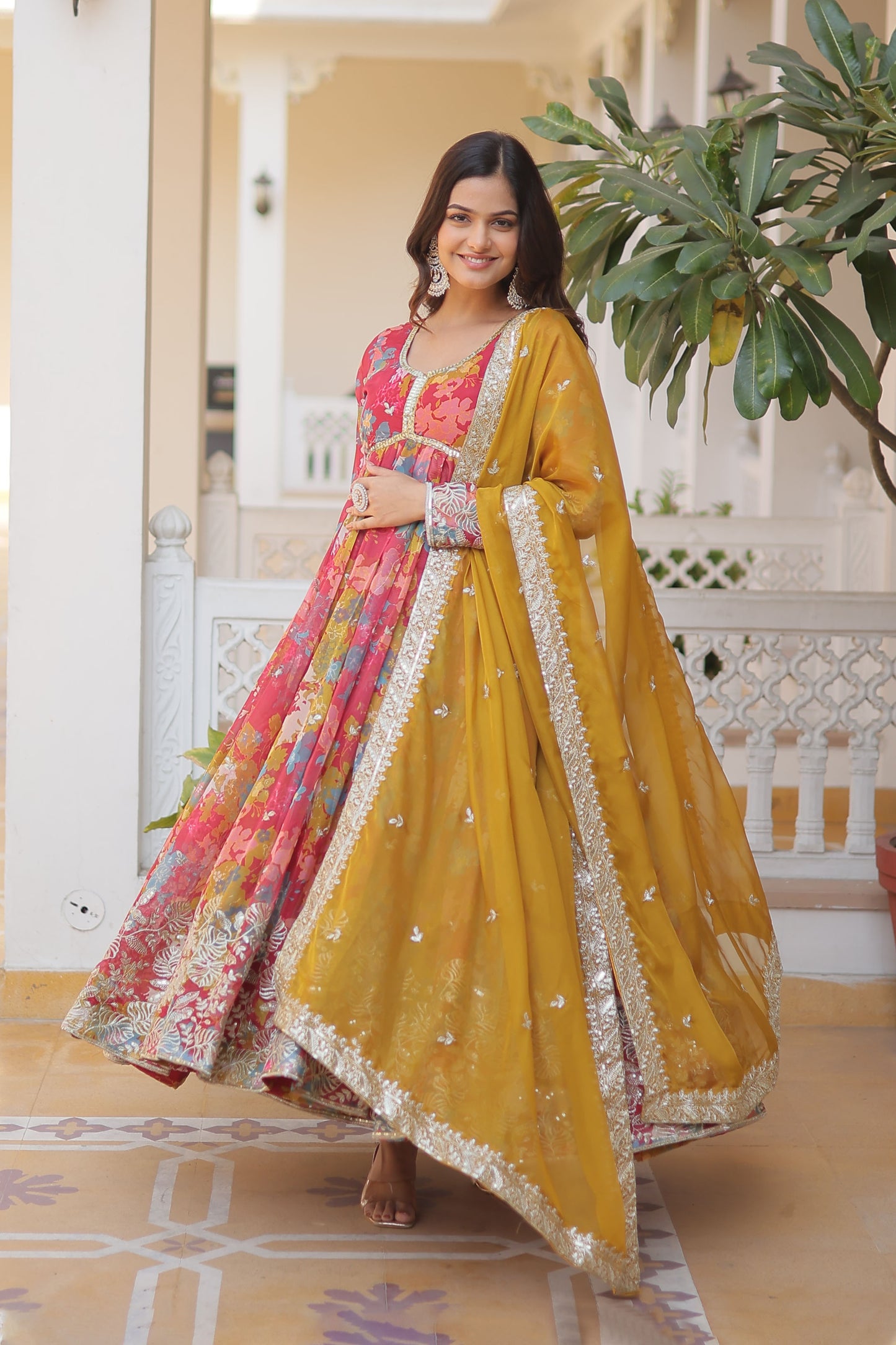 LIGHT PINK DIGITAL PRINTED RUSSIAN SILK WITH  EMBROIDERY ZARI SEQUINS-WORK GOWN