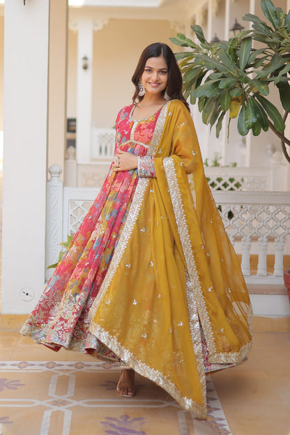 LIGHT PINK DIGITAL PRINTED RUSSIAN SILK WITH  EMBROIDERY ZARI SEQUINS-WORK GOWN