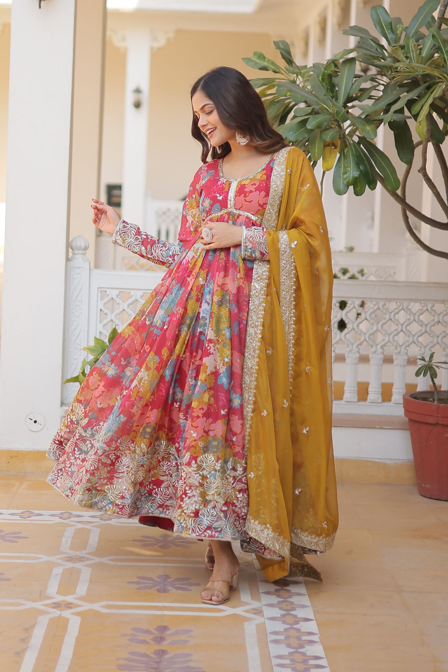 LIGHT PINK DIGITAL PRINTED RUSSIAN SILK WITH  EMBROIDERY ZARI SEQUINS-WORK GOWN