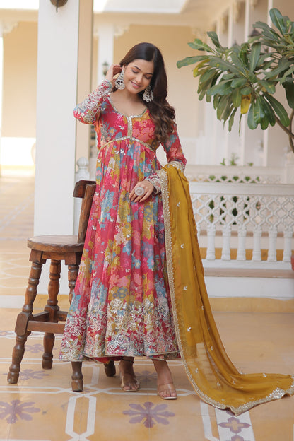 LIGHT PINK DIGITAL PRINTED RUSSIAN SILK WITH  EMBROIDERY ZARI SEQUINS-WORK GOWN