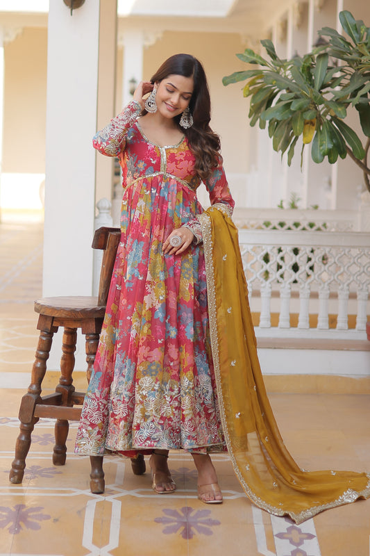 LIGHT PINK DIGITAL PRINTED RUSSIAN SILK WITH  EMBROIDERY ZARI SEQUINS-WORK GOWN