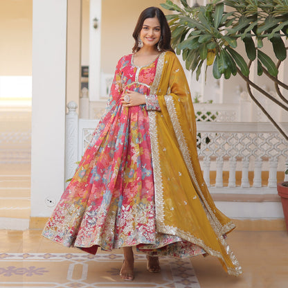 LIGHT PINK DIGITAL PRINTED RUSSIAN SILK WITH  EMBROIDERY ZARI SEQUINS-WORK GOWN
