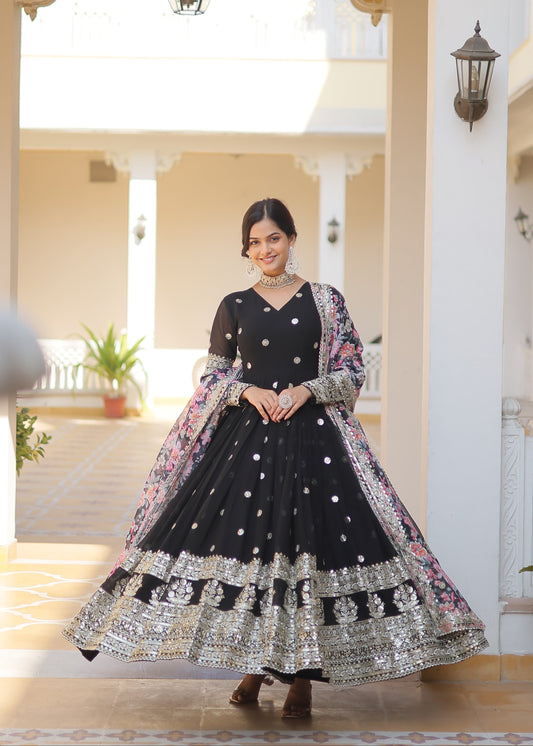 BLACK FAUX GEORGETTE WITH EMBROIDERY ZARI SEQUINS-WORK GOWN